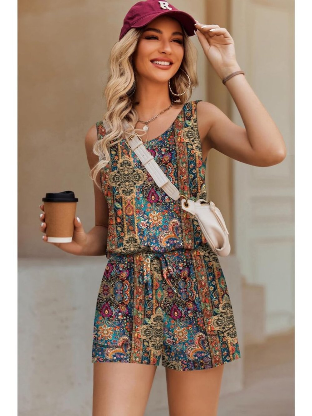 Women's Pattern 7 Summer Sleeveless Scoop Neck Tank Top Casual Short Romper - Picture 4 of 6